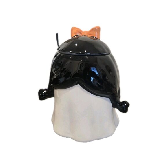 New Halloween Spooky Ceramic Girl Ghost W/ Bow Cookie Jar Decorative Figurine - Picture 3 of 3